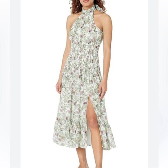 NWT cinq a sept SILK Blend Dover Halter Neck Midi Dress Smocked Waist Size 6 - Picture 1 of 16
